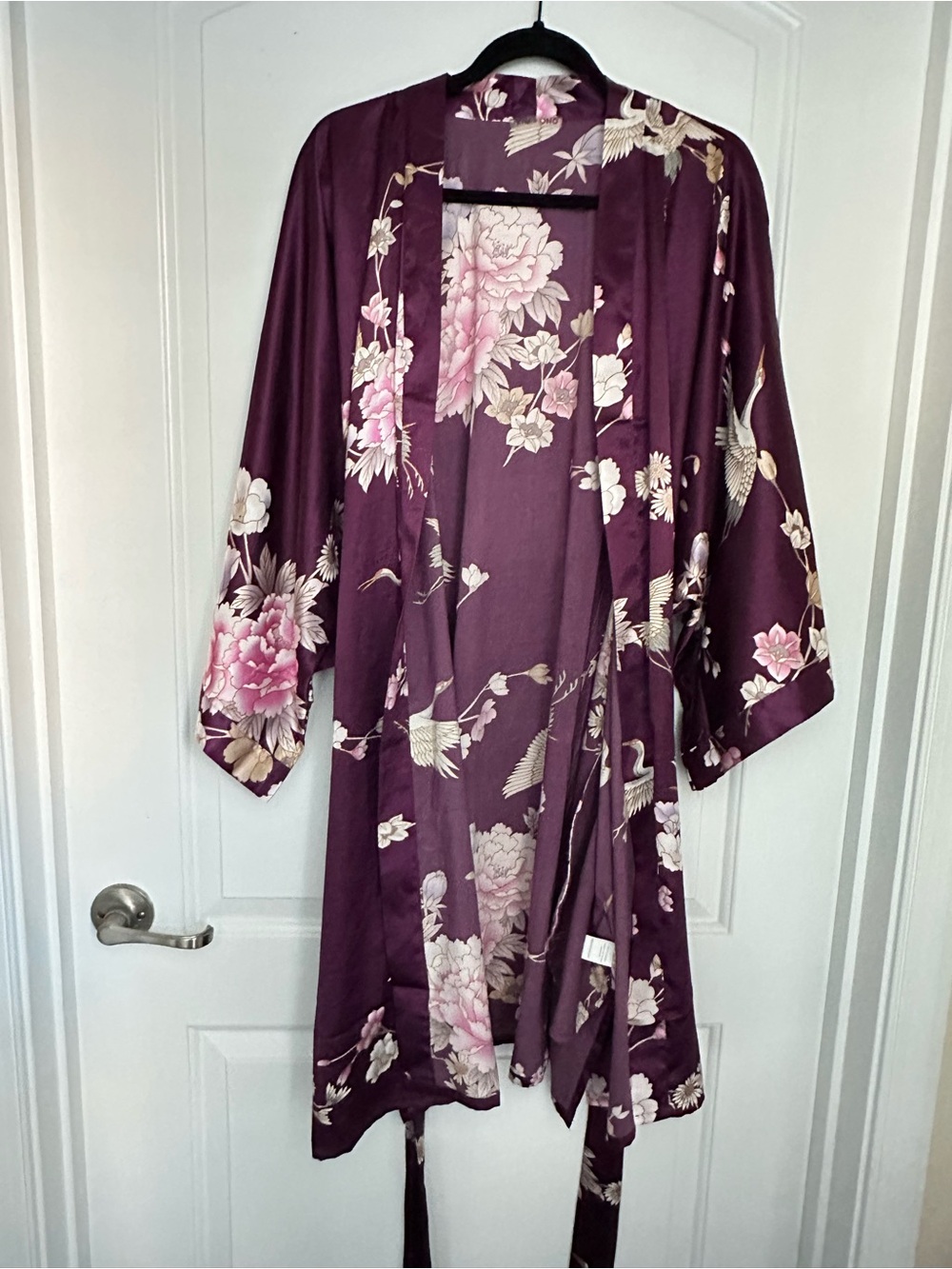 KIM + ONO Satin Floral and Crane Long Kimono Robe in Plum - Elegant Lounge Wrap